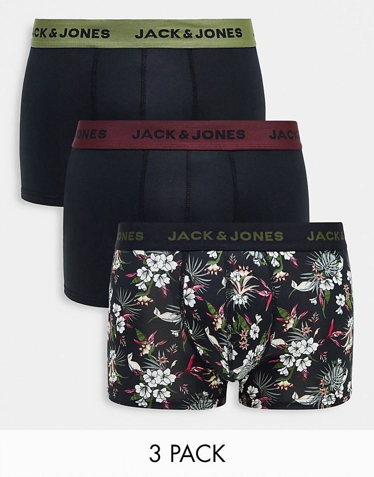 Jack & Jones 3 pack trunks with floral print in black